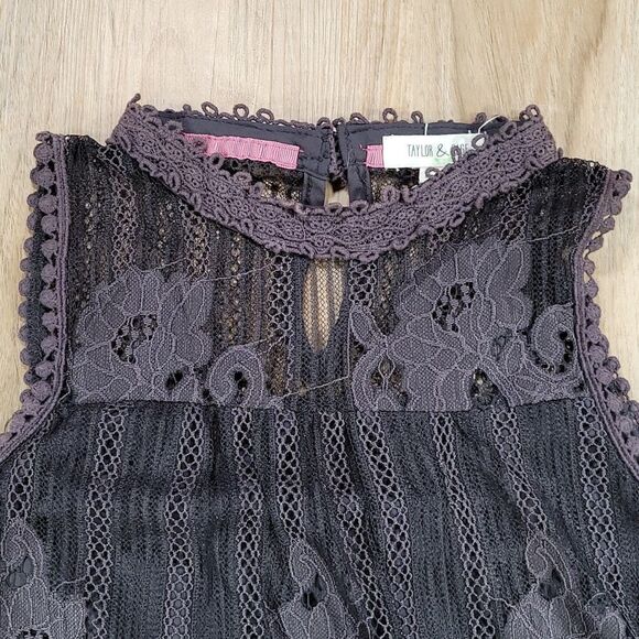 🔺️Taylor & Sage Medieval Blue High Neck Lacy Sleeveless Blouse Small - Picture 5 of 13